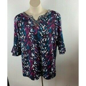 Russell Kemp New York Size 0X Top Womens Burgundy Print Sequins Ruffle Sleeve